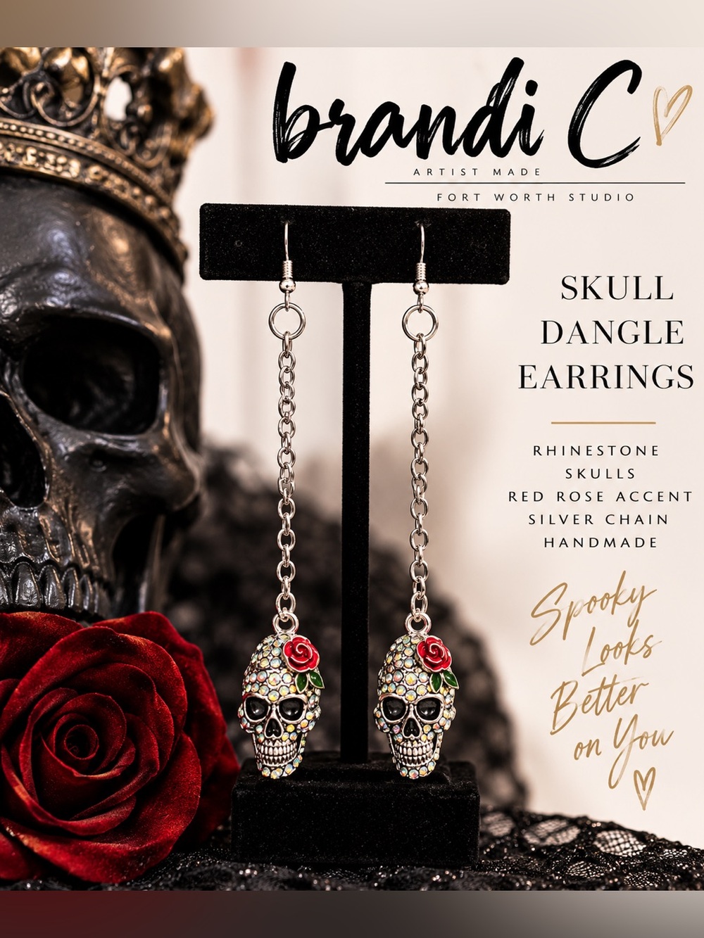 Rhinestone Skull Rose Chain Dangle Earrings Halloween NWT Goth